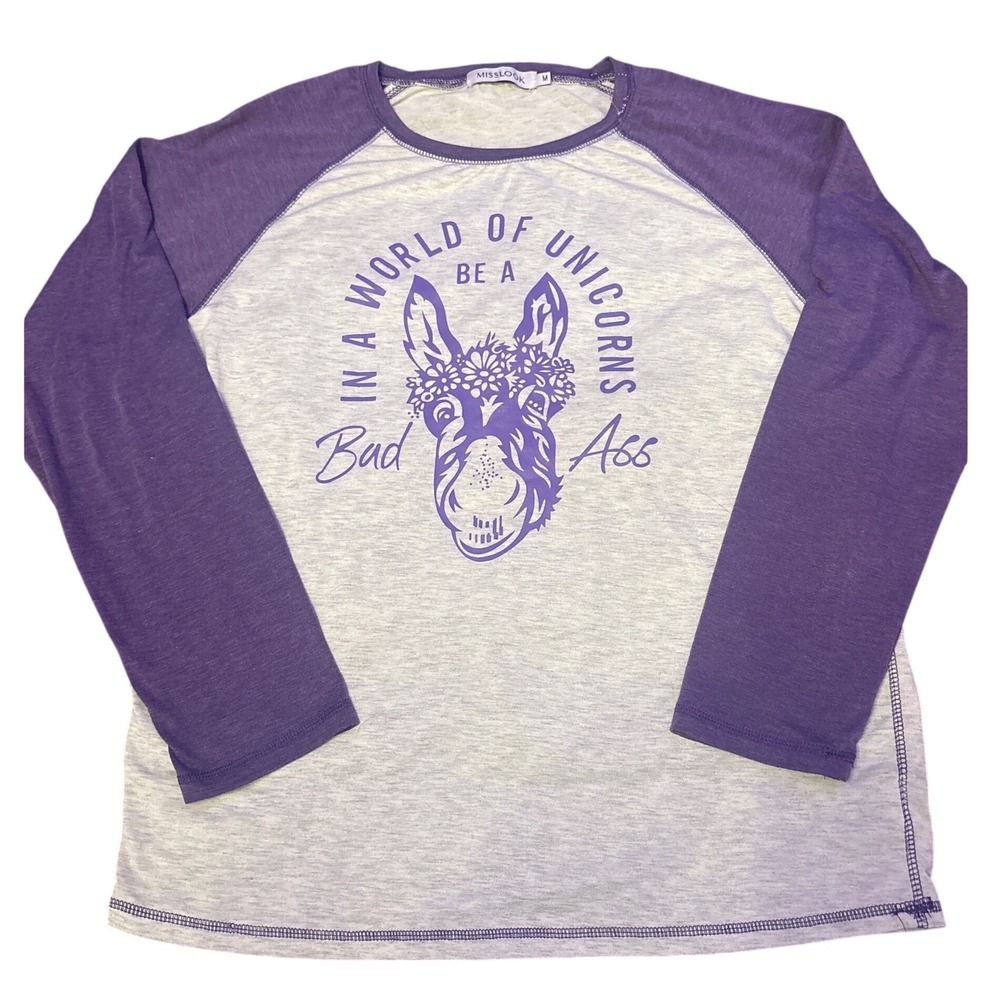 MissLook Womens Gray Purple Long Sleeve Graphic Raglan Tee Donkey Bad Ass Top, M